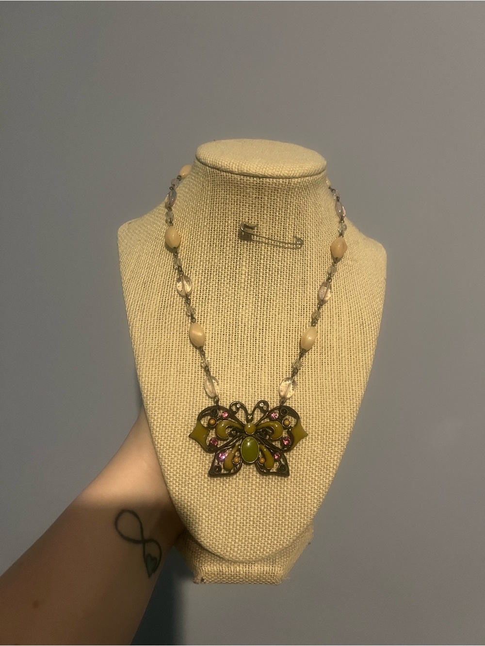 #191. Up Cycled Olive Green Butterfly Pendant Necklace - Women's Jewelry